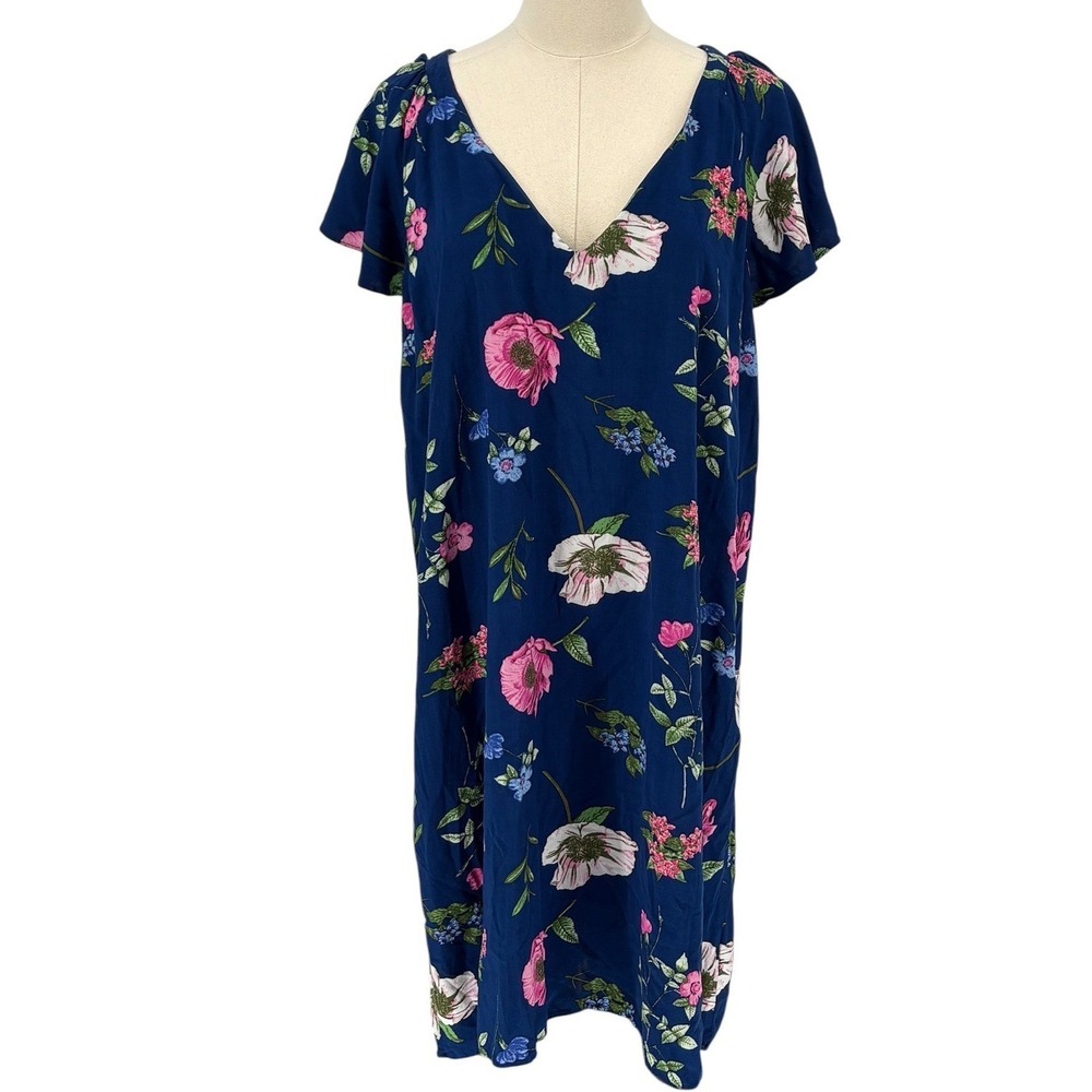 Old Navy Shift Dress Navy Floral Ruffle Sleeve 100% Rayon Large Tall